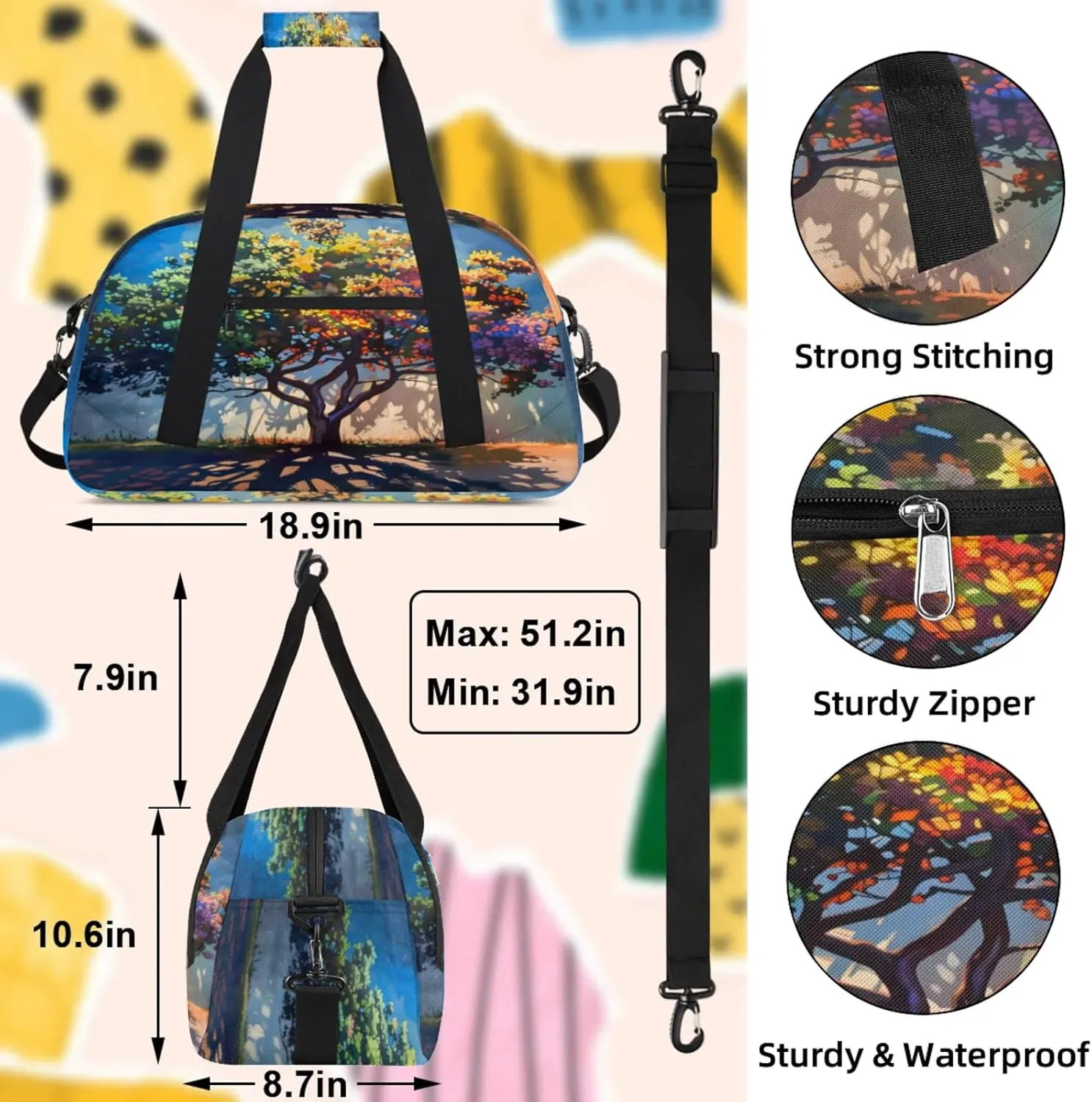 Tree Colorful Small Gym Bag 18 inch Carry On Duffel Bag for Weekender Travel Sports Workout Yoga Gymnastics Dance Ballet
