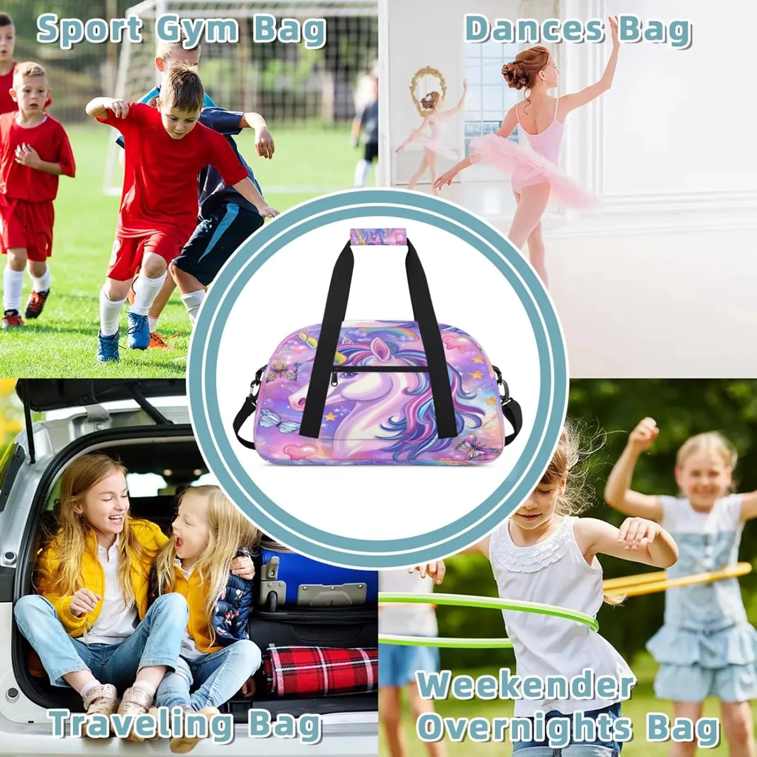Unicorn Butterfly Small Gym Bag 18 inch Carry On Duffel Bag for Weekender Travel Sports Workout Yoga Gymnastics Dance Ballet