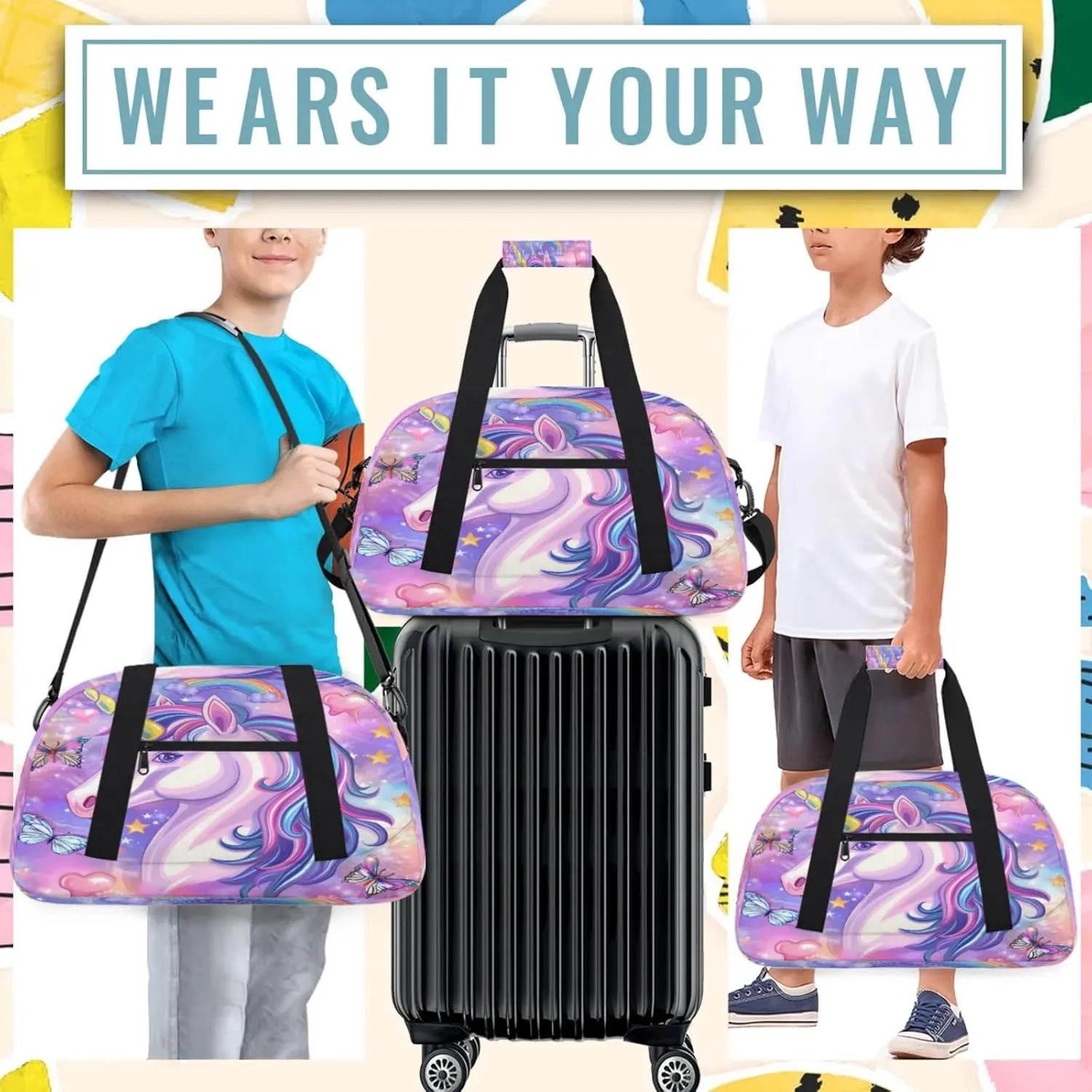 Unicorn Butterfly Small Gym Bag 18 inch Carry On Duffel Bag for Weekender Travel Sports Workout Yoga Gymnastics Dance Ballet