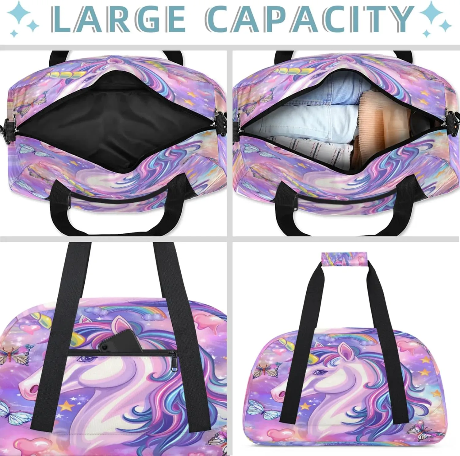 Unicorn Butterfly Small Gym Bag 18 inch Carry On Duffel Bag for Weekender Travel Sports Workout Yoga Gymnastics Dance Ballet