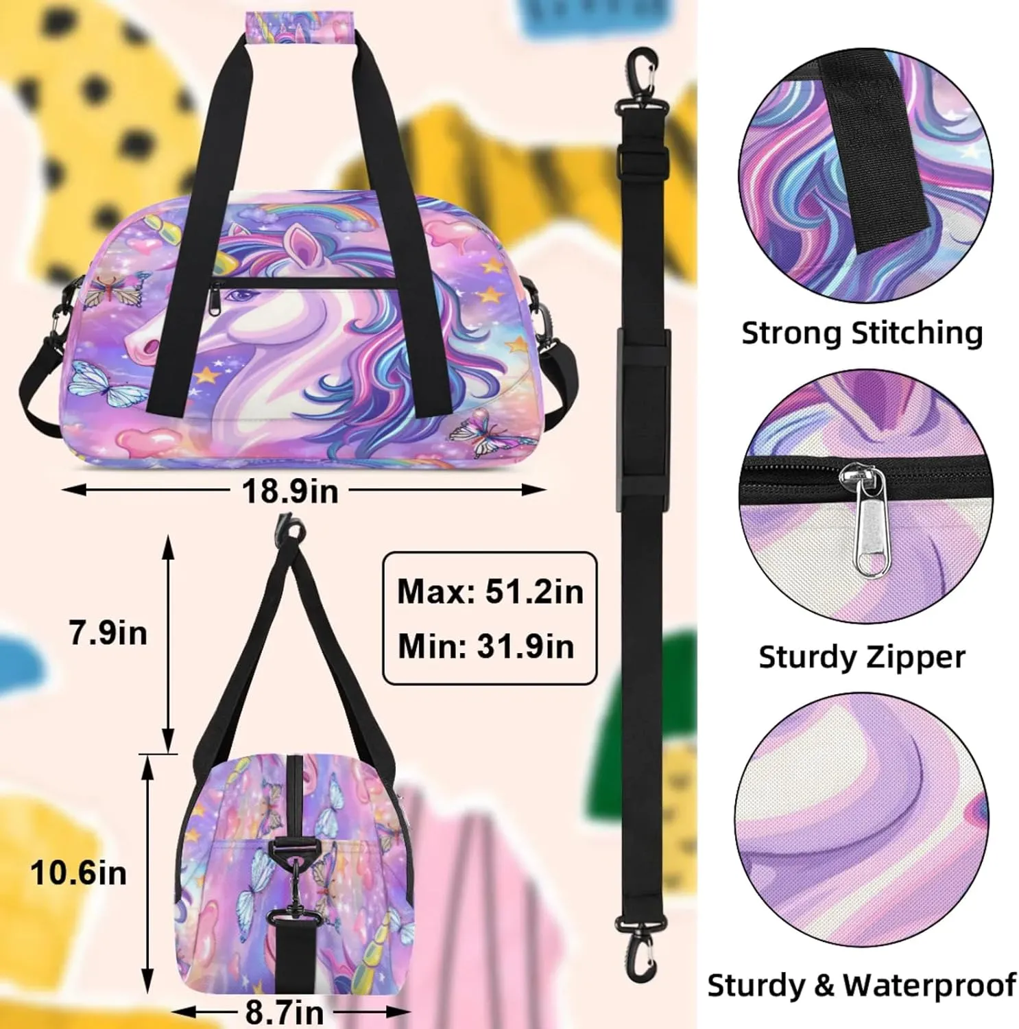Unicorn Butterfly Small Gym Bag 18 inch Carry On Duffel Bag for Weekender Travel Sports Workout Yoga Gymnastics Dance Ballet