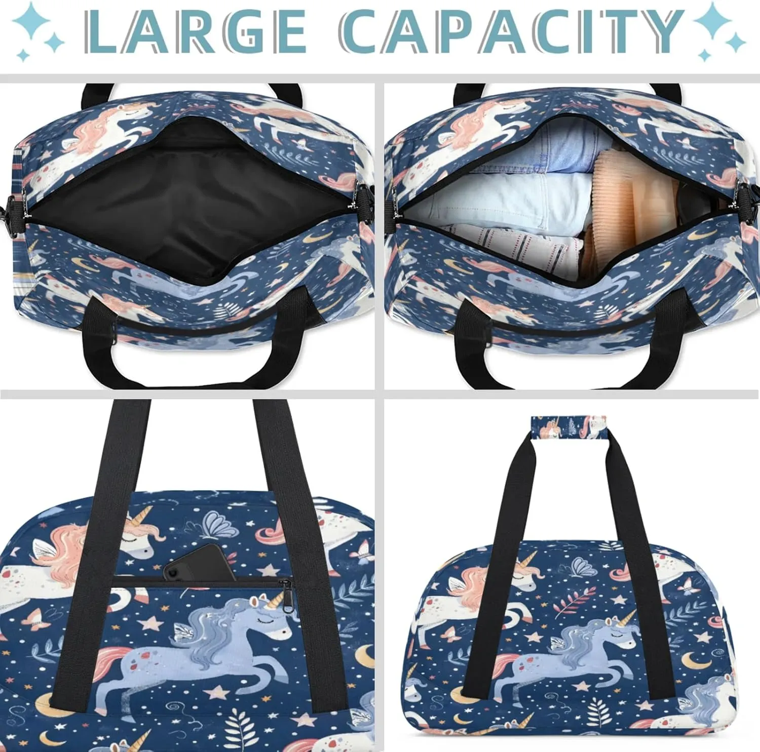 Unicorn Cute Funny Small Gym Bag 18 inch Carry On Duffel Bag for Weekender Travel Sports Workout Yoga Gymnastics Dance Ballet