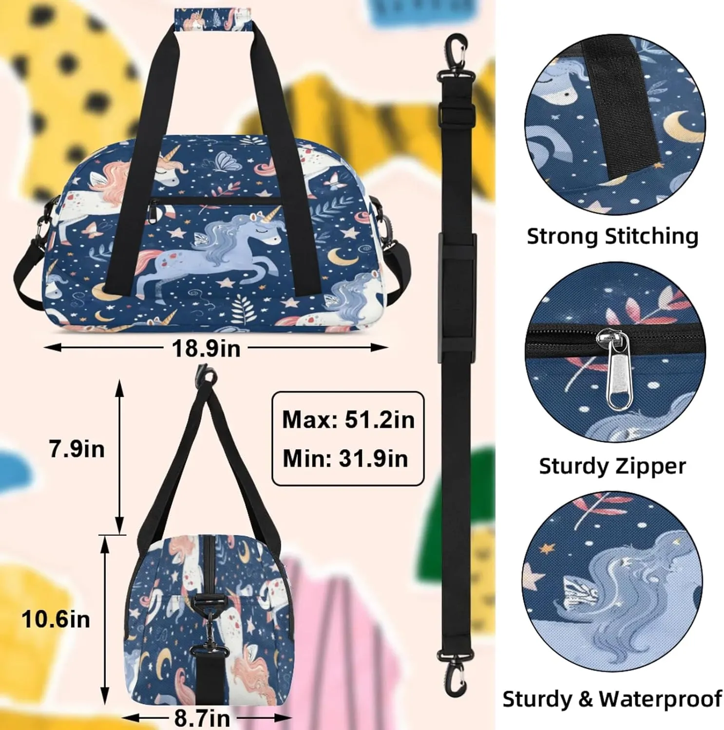 Unicorn Cute Funny Small Gym Bag 18 inch Carry On Duffel Bag for Weekender Travel Sports Workout Yoga Gymnastics Dance Ballet
