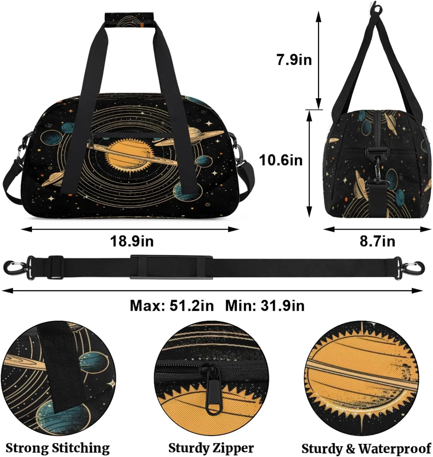 Universe Solar System Planets Gym Bag for Women Men, Sports Travel Duffel Bag Lightweight Workout Bag Carry On Overnight Weekender Bag