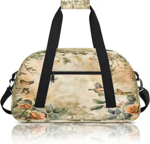Vintage Birds Flower Small Gym Bag 18 inch Carry On Duffel Bag for Weekender Travel Sports Workout Yoga Gymnastics Dance Ballet