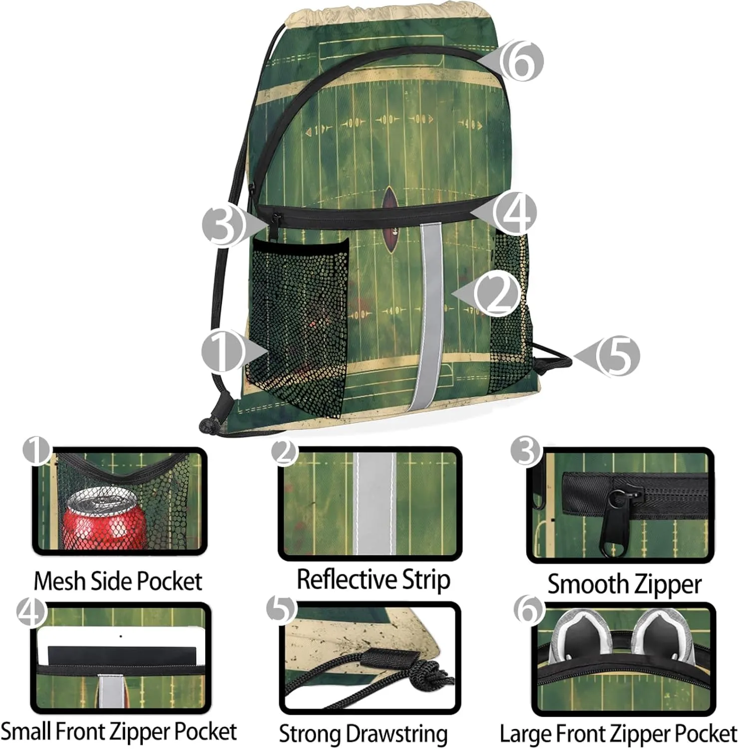 Vintage Football Field Drawstring Backpack String Bag, Waterproof Sports Gym Swim Sackpack with Mesh Pocket for Men Women