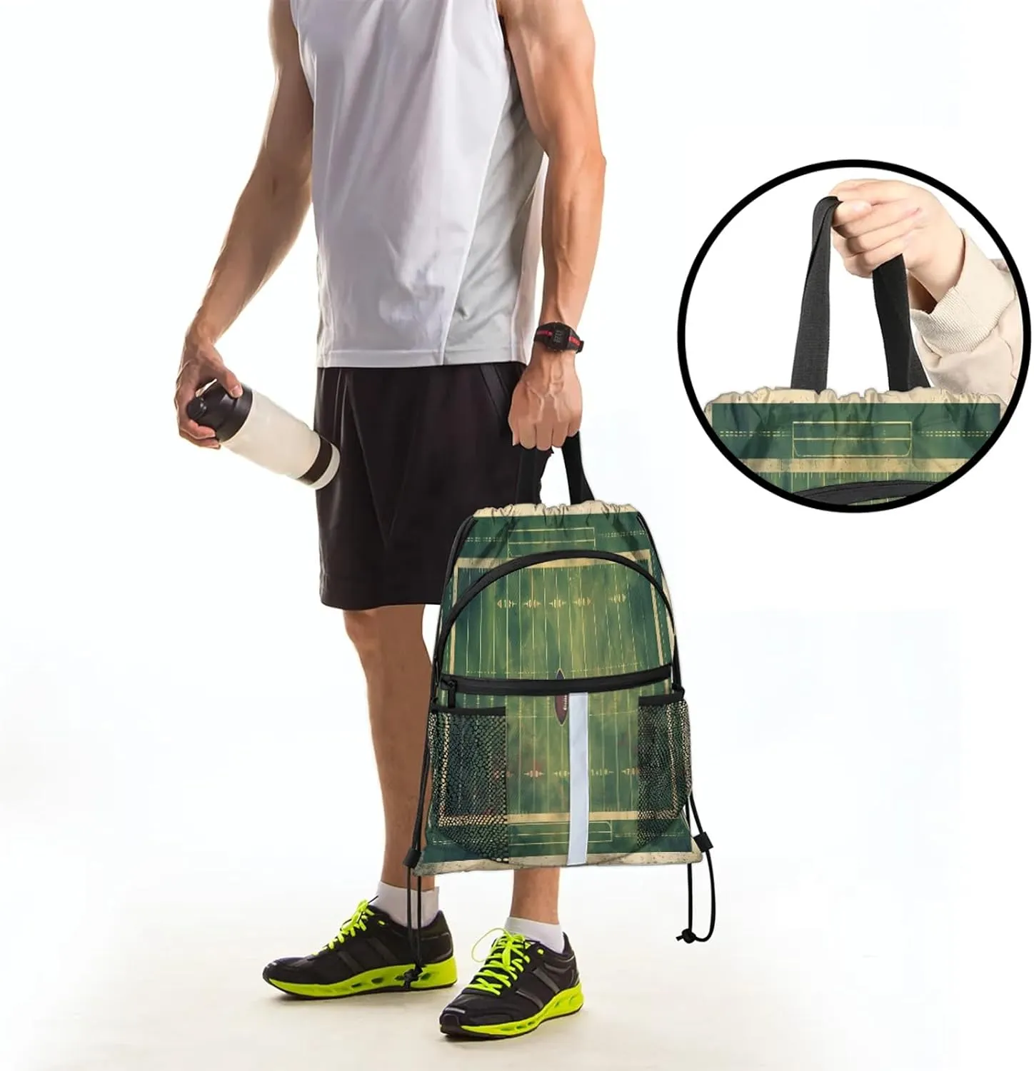 Vintage Football Field Drawstring Backpack String Bag, Waterproof Sports Gym Swim Sackpack with Mesh Pocket for Men Women