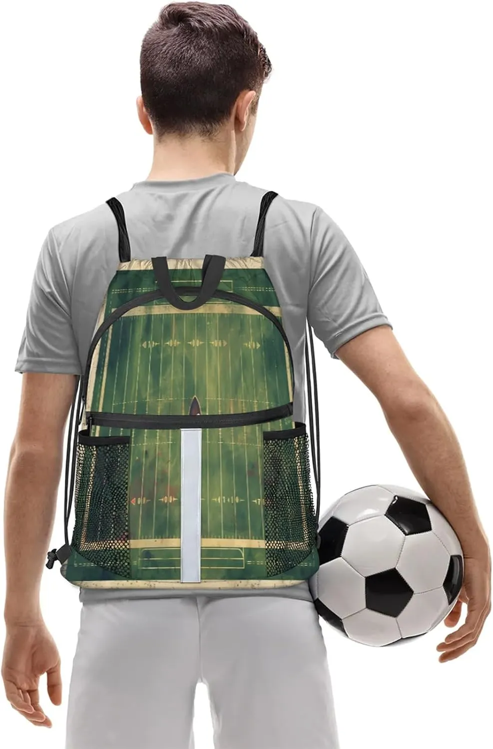 Vintage Football Field Drawstring Backpack String Bag, Waterproof Sports Gym Swim Sackpack with Mesh Pocket for Men Women