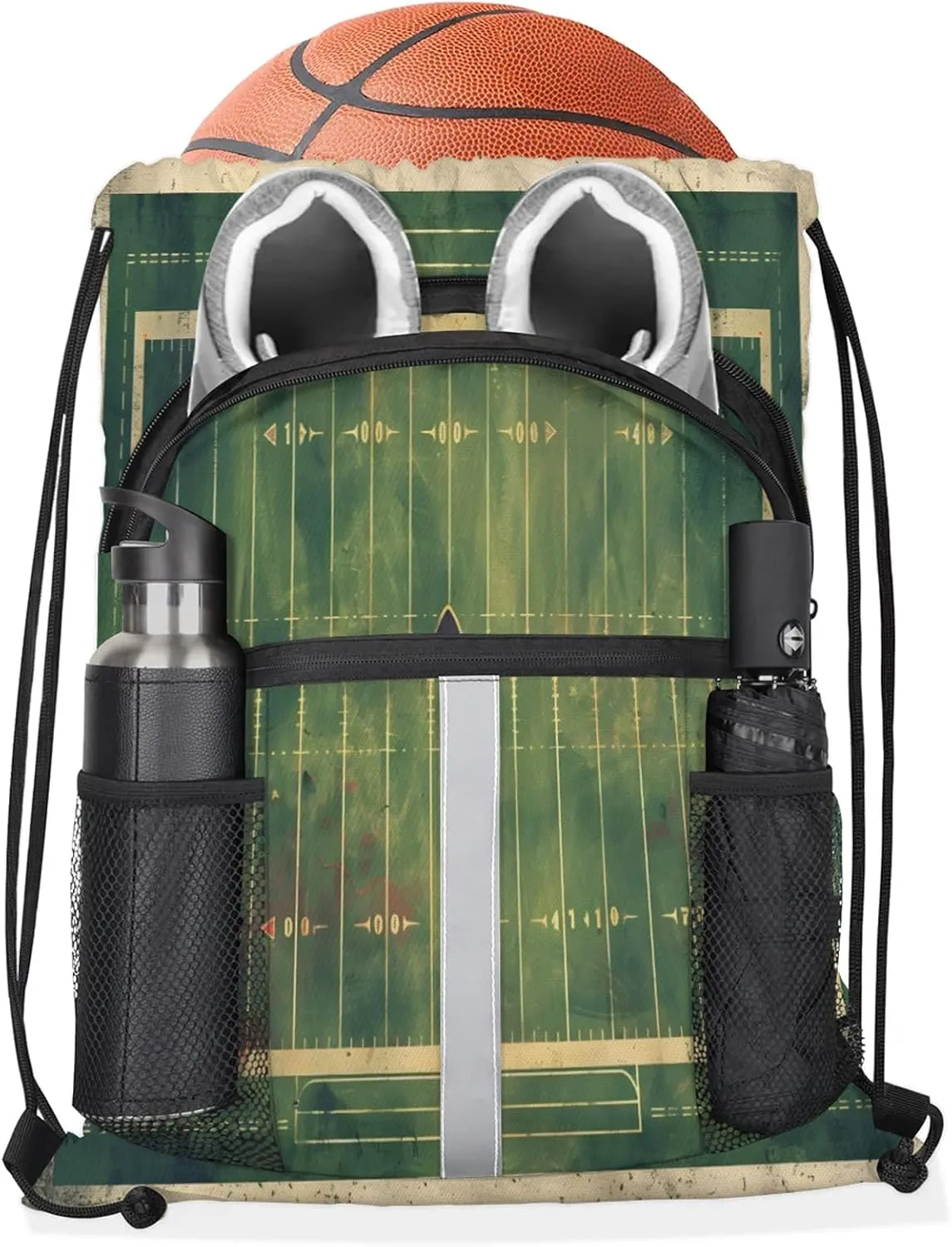 Vintage Football Field Drawstring Backpack String Bag, Waterproof Sports Gym Swim Sackpack with Mesh Pocket for Men Women