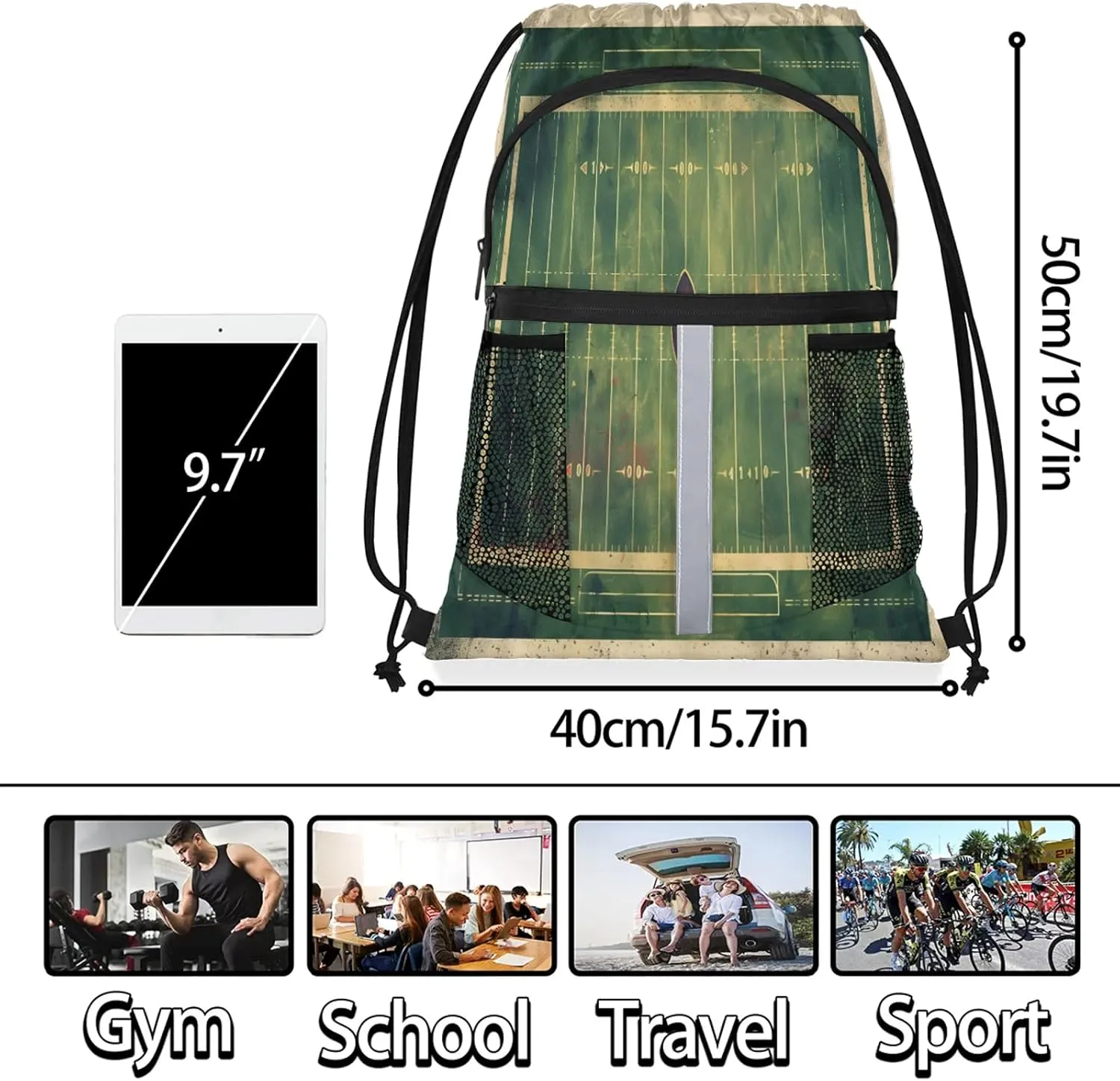 Vintage Football Field Drawstring Backpack String Bag, Waterproof Sports Gym Swim Sackpack with Mesh Pocket for Men Women