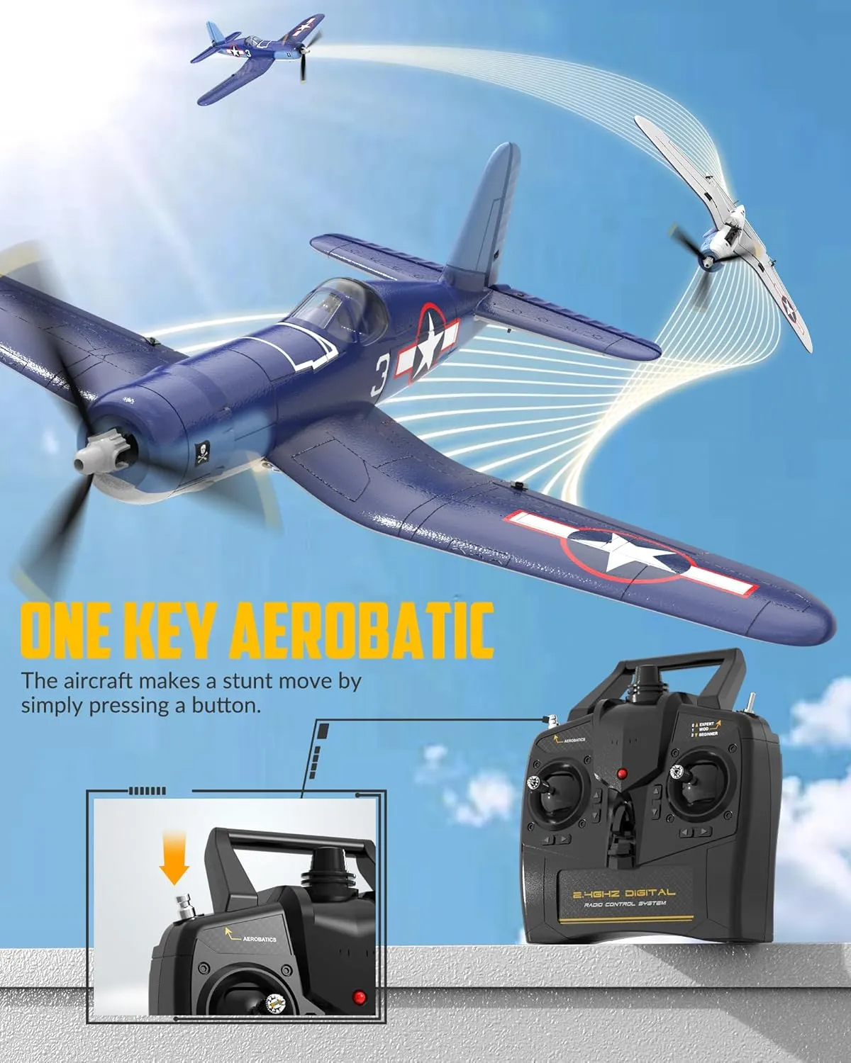 VOLANTEXRC RC Plane for Beginners, 4CH WWII RC Airplane F4U Corsair with Aileron, 2.4Ghz Remote Control Plane with Xpilot Self Righting&One Key Aerobatic&Upgraded Canopy (761-8V2 RTF)