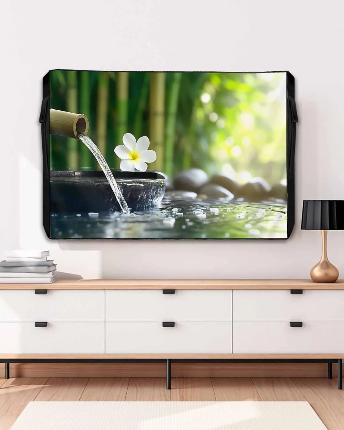 Waterproof Outdoor TV Cover 40 to 43 Inch, Zen Meditation Plumeria Flower Outside Flat Screen Televisions Weatherproof Cover Size 40"L x 25"H, Flowing Water Forest TV Protector With Zipper