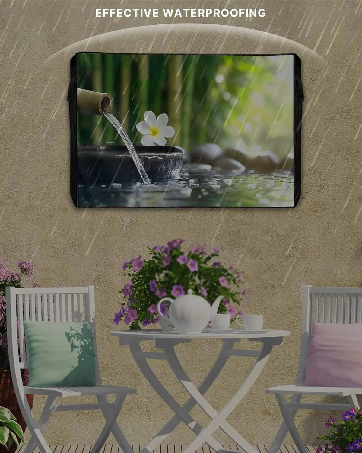 Waterproof Outdoor TV Cover 40 to 43 Inch, Zen Meditation Plumeria Flower Outside Flat Screen Televisions Weatherproof Cover Size 40"L x 25"H, Flowing Water Forest TV Protector With Zipper
