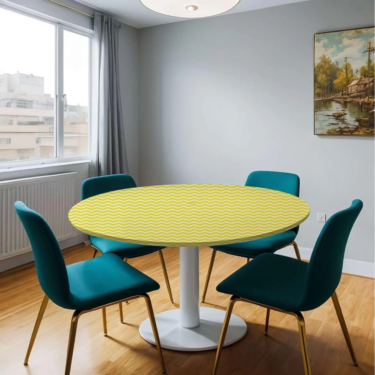 White and Yellow Round Tablecloth with Elastic Edge Striped Geometric 90s Style Art Fitted Round Tablecloth with Elastic Edge Spill Oil-Proof Waterproof Abstract Fit for 44"-47" Table