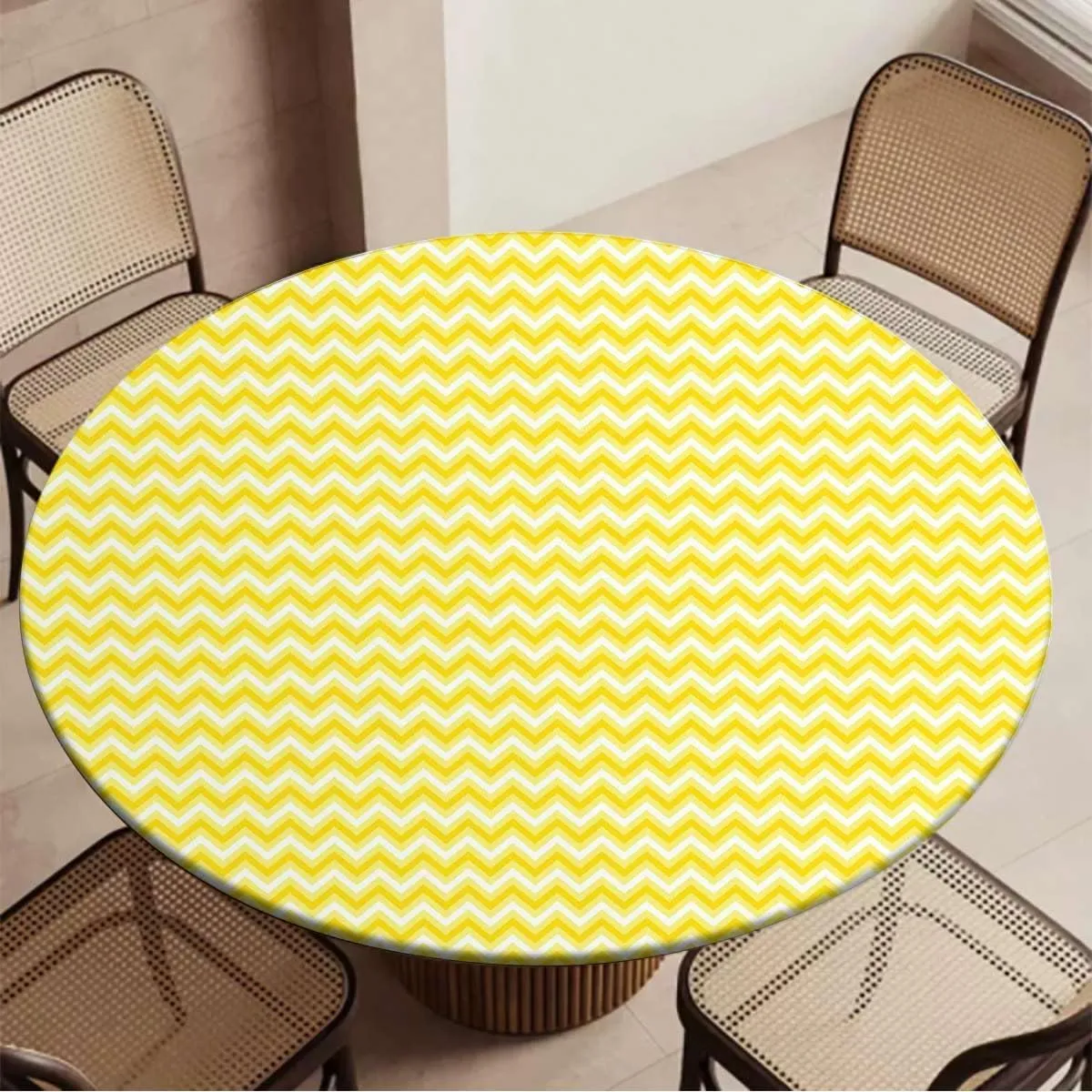 White and Yellow Round Tablecloth with Elastic Edge Striped Geometric 90s Style Art Fitted Round Tablecloth with Elastic Edge Spill Oil-Proof Waterproof Abstract Fit for 44"-47" Table