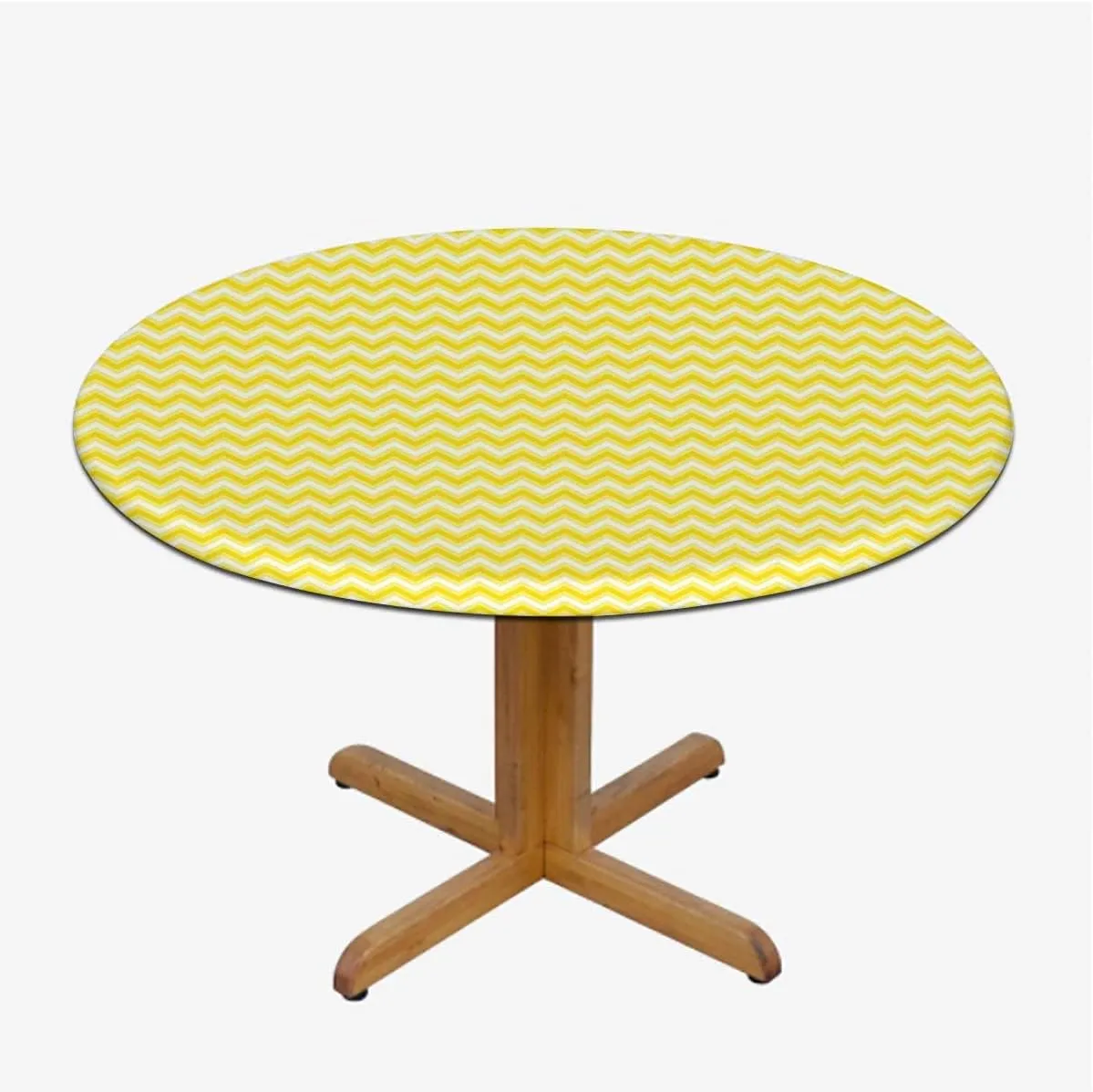 White and Yellow Round Tablecloth with Elastic Edge Striped Geometric 90s Style Art Fitted Round Tablecloth with Elastic Edge Spill Oil-Proof Waterproof Abstract Fit for 44"-47" Table