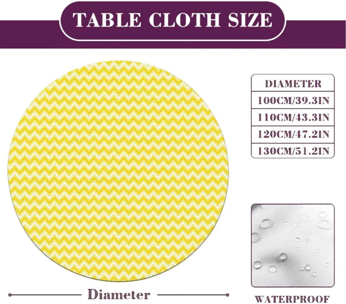 White and Yellow Round Tablecloth with Elastic Edge Striped Geometric 90s Style Art Fitted Round Tablecloth with Elastic Edge Spill Oil-Proof Waterproof Abstract Fit for 44"-47" Table