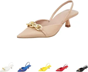 Women's Leather Metal Kitten Heel Slingback Dress Pumps, Fashionable Closed Pointed Toe Elastic Ankle Strap Backless Low Stiletto Mule Sandals for Wedding Party