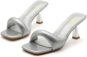 Women's Leather One Band Square Open Toe Stiletto Slide Sandals Fashion Slip-On Sexy Kitten Heel Mule Sandals Wedding Party Evening Prom Dance Backless Dress Slipper Pump Shoes