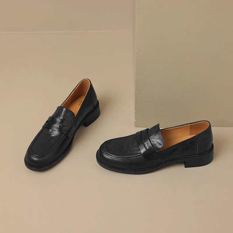 Women's Leather Round Toe Preppy Style Classic Low Heeled Loafers
