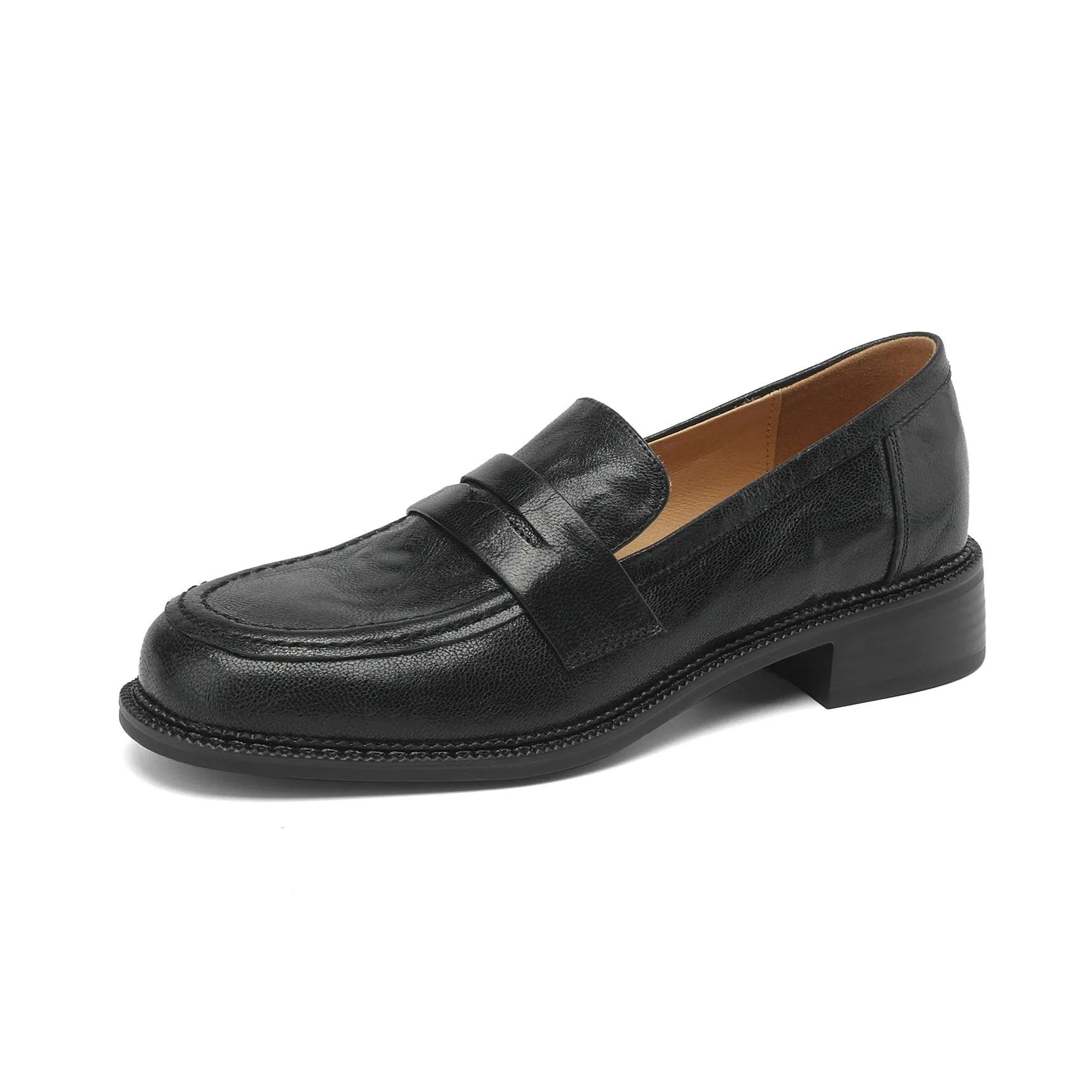 Women's Leather Round Toe Preppy Style Classic Low Heeled Loafers