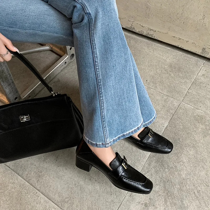 Women's Retro Square Toe Buckle Block Heeled Loafers Pump