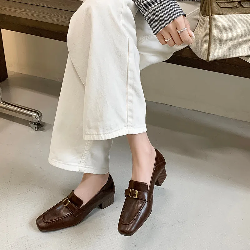 Women's Retro Square Toe Buckle Block Heeled Loafers Pump