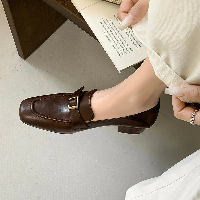 Women's Retro Square Toe Buckle Block Heeled Loafers Pump