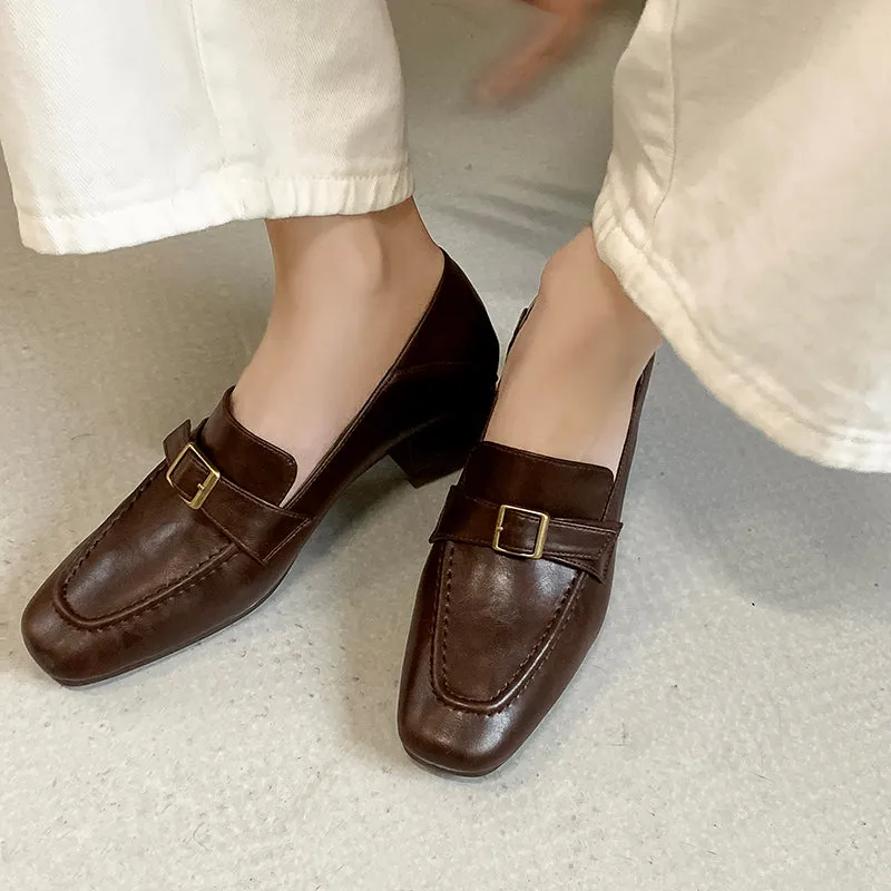 Women's Retro Square Toe Buckle Block Heeled Loafers Pump