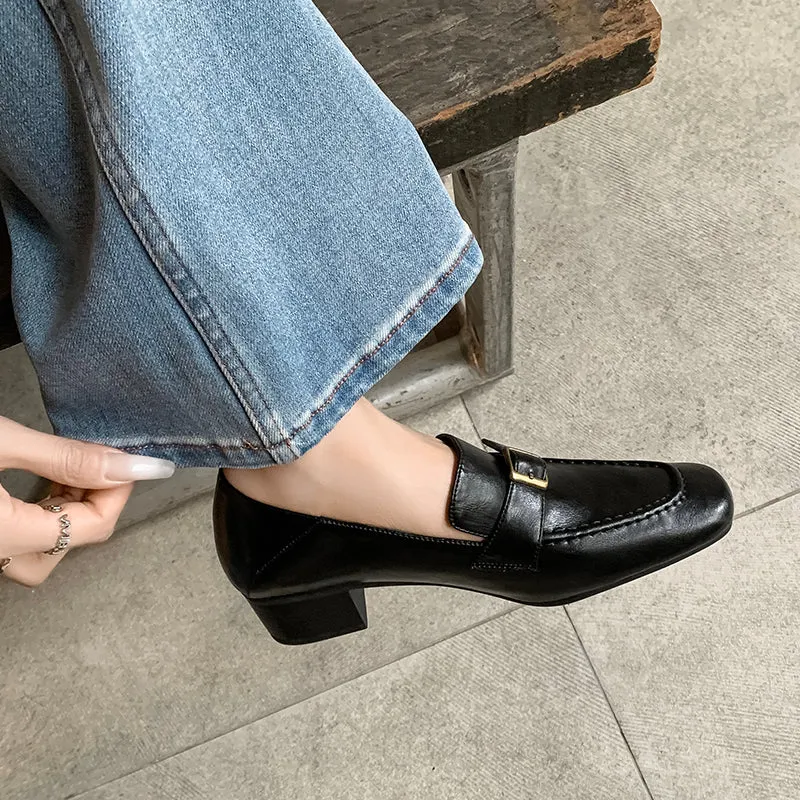 Women's Retro Square Toe Buckle Block Heeled Loafers Pump