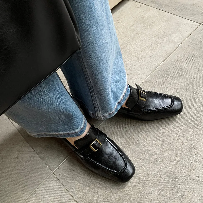 Women's Retro Square Toe Buckle Block Heeled Loafers Pump