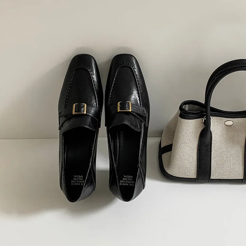 Women's Retro Square Toe Buckle Block Heeled Loafers Pump