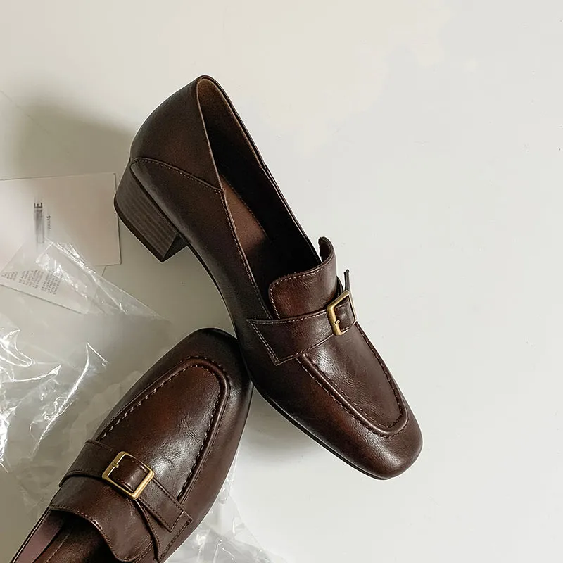 Women's Retro Square Toe Buckle Block Heeled Loafers Pump