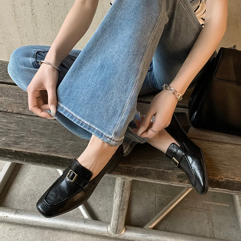 Women's Retro Square Toe Buckle Block Heeled Loafers Pump