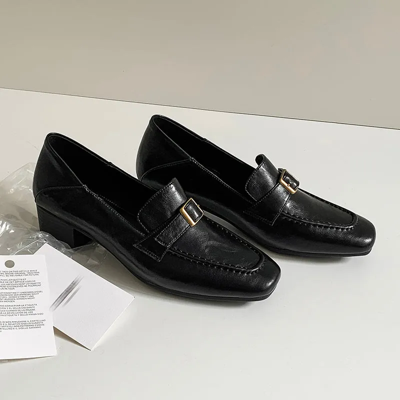 Women's Retro Square Toe Buckle Block Heeled Loafers Pump