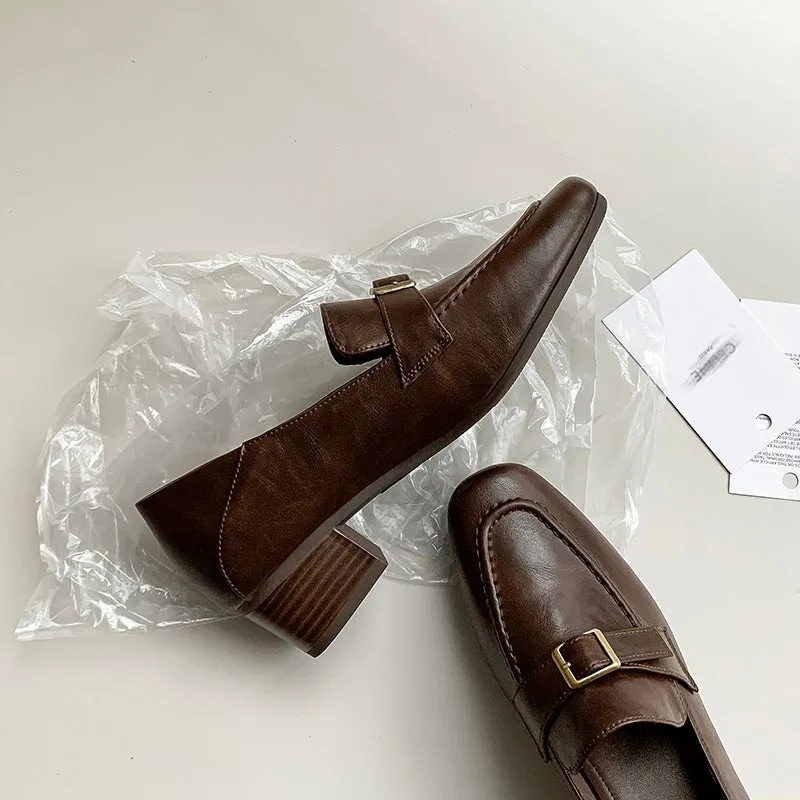 Women's Retro Square Toe Buckle Block Heeled Loafers Pump