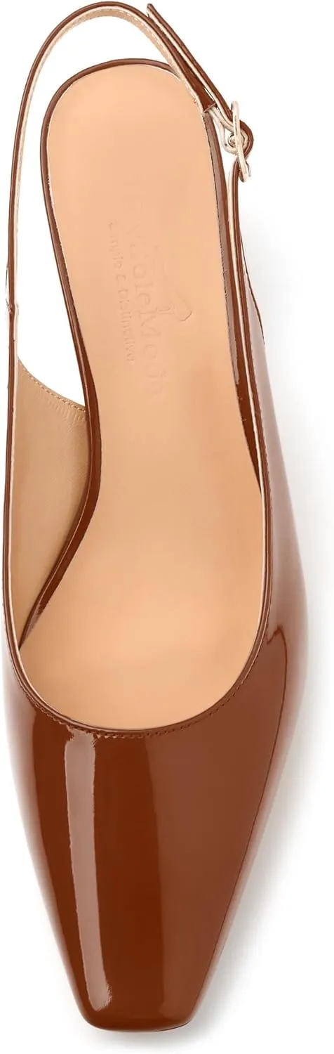 Womens Slingbacks, Small Square Toe Mid Block Heel Slingback Pumps for Women, Leather Insole Pumps Shoes Buckle Closure 2"