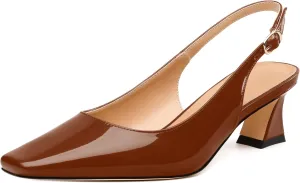 Womens Slingbacks, Small Square Toe Mid Block Heel Slingback Pumps for Women, Leather Insole Pumps Shoes Buckle Closure 2"