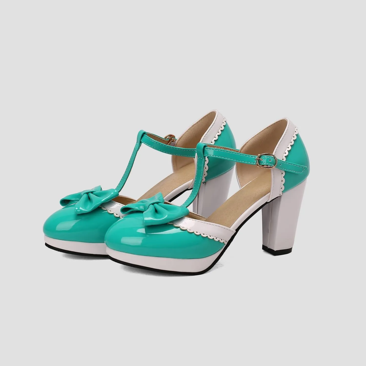 Yawors Women's DC804 Buckle Metal Buckles Closed Toe Patent-Leather High Chunky Mary Jane Pumps