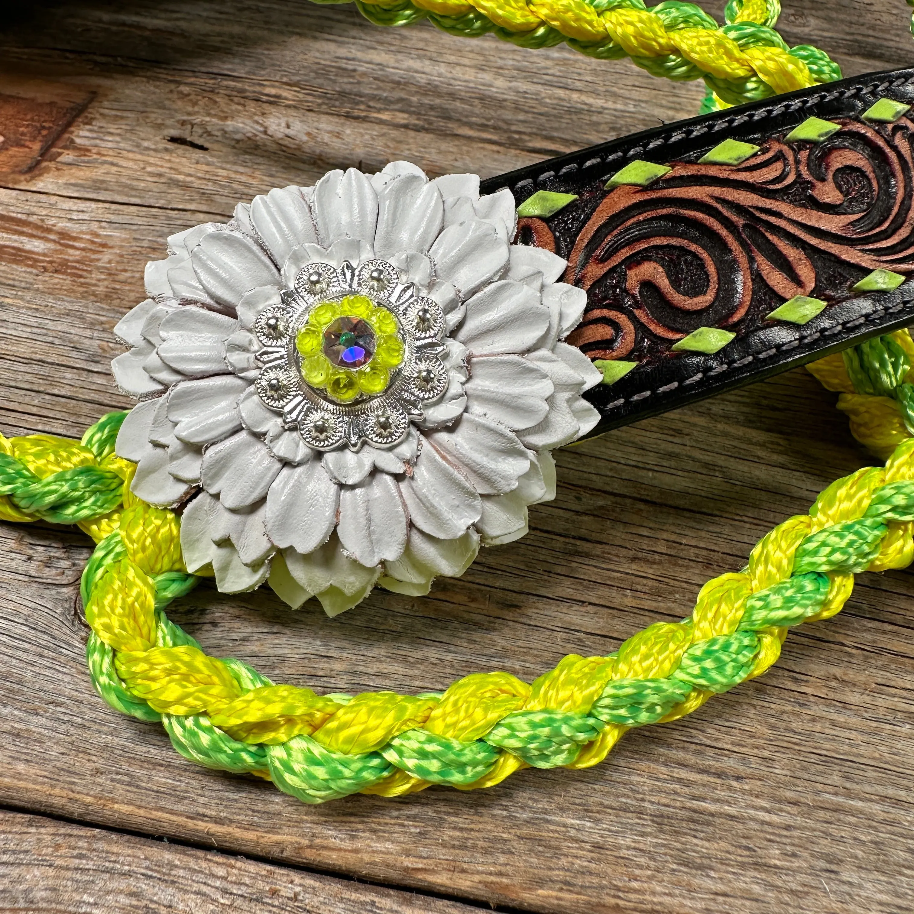 Yellow and Lime Mule Tape Halter - White Daisy #MT217