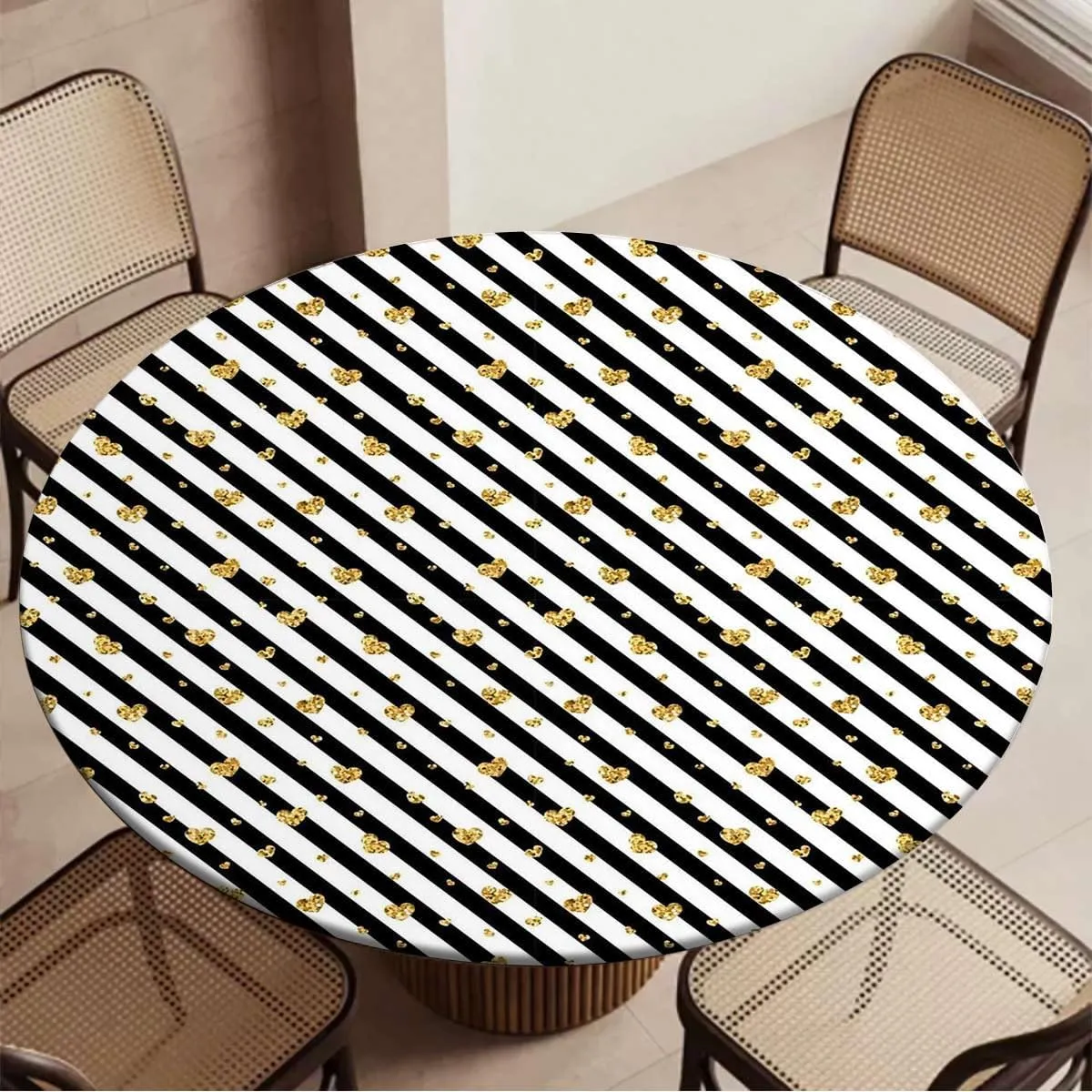Yellow White Round Table Cloth with Elastic Edged Little Circles Spots Table Cloth Round Elastic Edge Fitted Table Cover Fit for 44"-47" Diameter Table Geometric