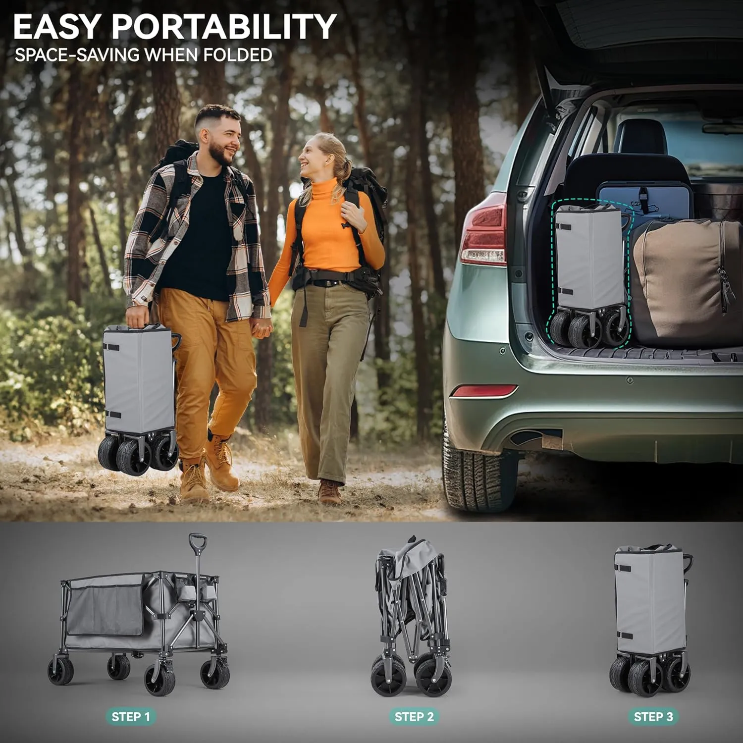 YITAHOME 300Lbs Large Collapsible Foldable Wagon, Heavy Duty Beach Wagon Cart Utility Wagon with 3.2in Wide All Terrain Wheels, Side Pocket, Cup Holder, Mesh Cover for Sports, Shopping, Camping - Gray