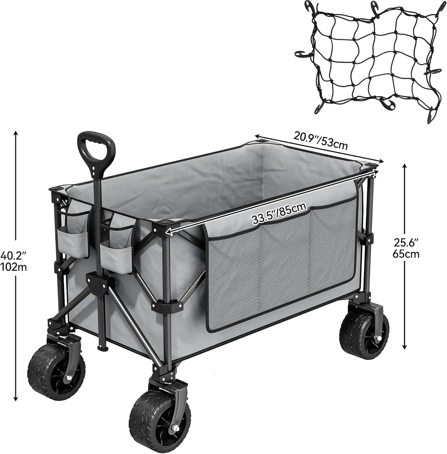 YITAHOME 300Lbs Large Collapsible Foldable Wagon, Heavy Duty Beach Wagon Cart Utility Wagon with 3.2in Wide All Terrain Wheels, Side Pocket, Cup Holder, Mesh Cover for Sports, Shopping, Camping - Gray