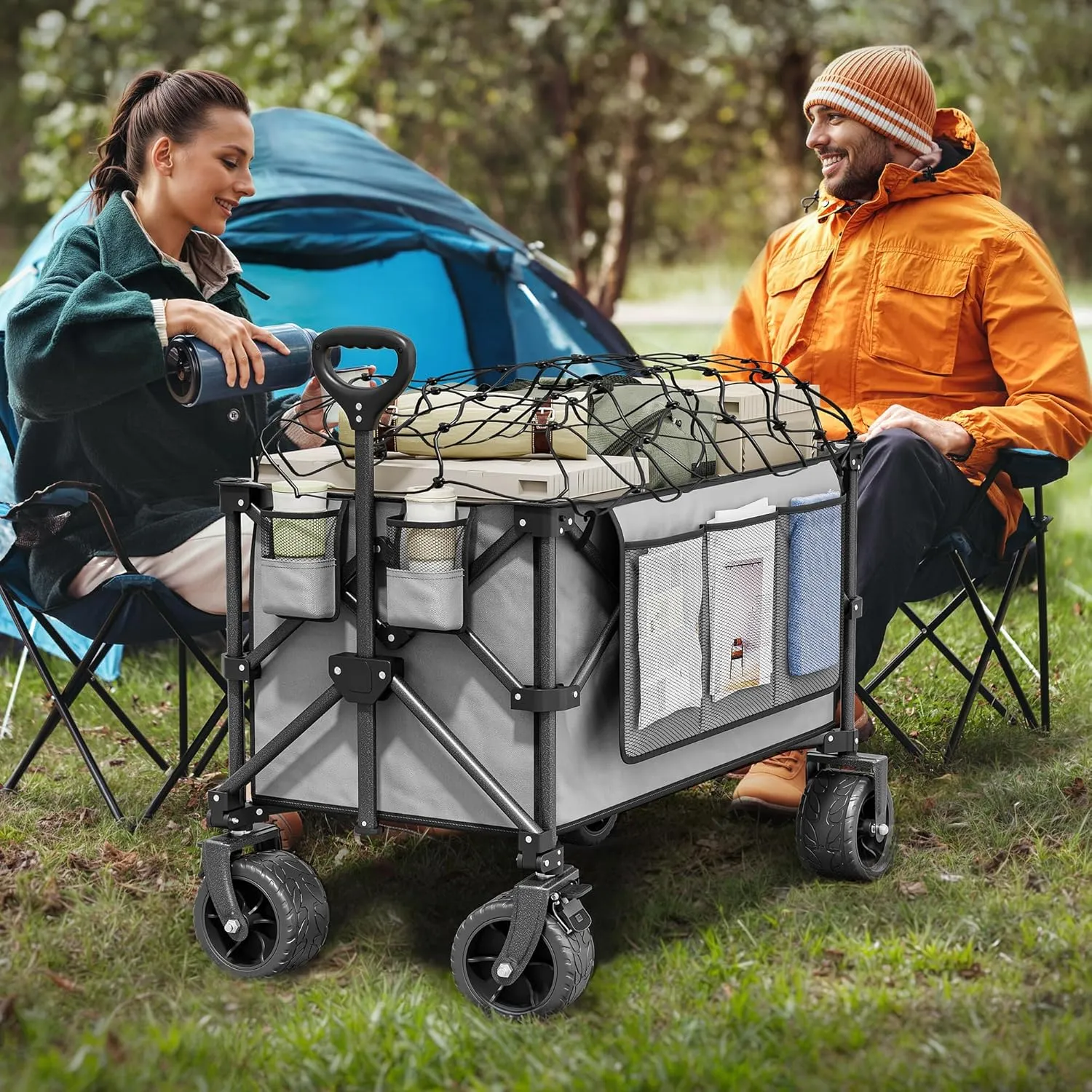 YITAHOME 300Lbs Large Collapsible Foldable Wagon, Heavy Duty Beach Wagon Cart Utility Wagon with 3.2in Wide All Terrain Wheels, Side Pocket, Cup Holder, Mesh Cover for Sports, Shopping, Camping - Gray