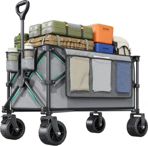 YITAHOME 300Lbs Large Collapsible Foldable Wagon, Heavy Duty Beach Wagon Cart Utility Wagon with 3.2in Wide All Terrain Wheels, Side Pocket, Cup Holder, Mesh Cover for Sports, Shopping, Camping - Gray