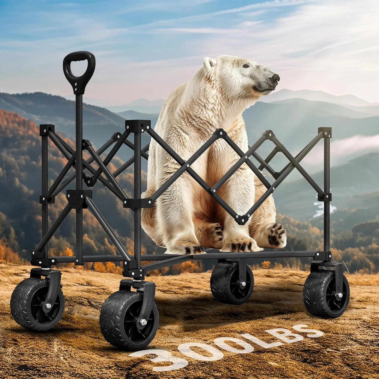 YITAHOME 300Lbs Large Collapsible Foldable Wagon, Heavy Duty Beach Wagon Cart Utility Wagon with 3.2in Wide All Terrain Wheels, Side Pocket, Cup Holder, Mesh Cover for Sports, Shopping, Camping - Gray