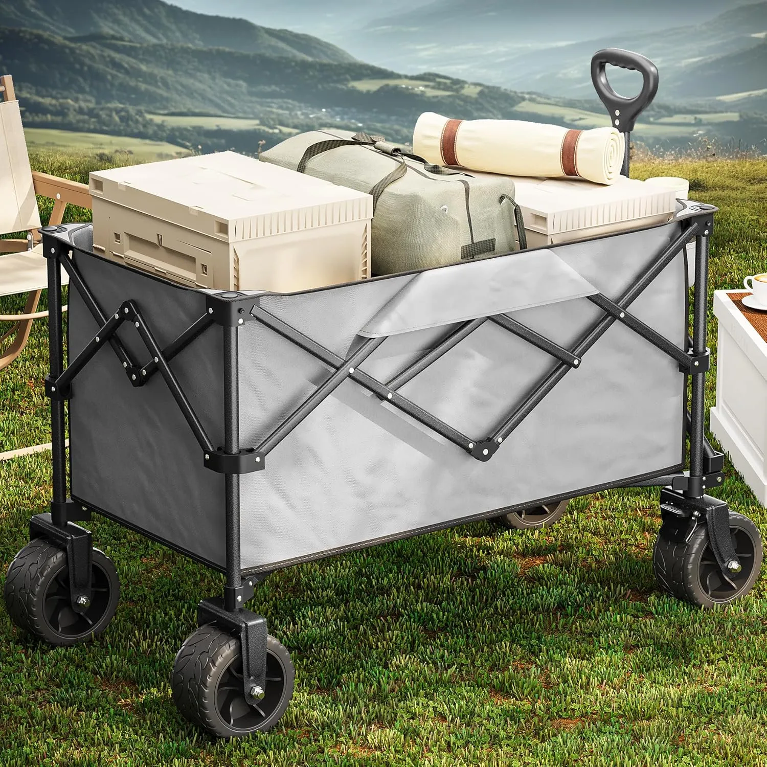 YITAHOME 300Lbs Large Collapsible Foldable Wagon, Heavy Duty Beach Wagon Cart Utility Wagon with 3.2in Wide All Terrain Wheels, Side Pocket, Cup Holder, Mesh Cover for Sports, Shopping, Camping - Gray
