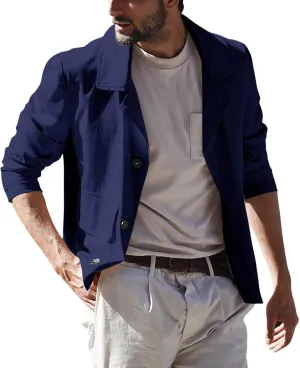 ZYXTIM Men's Lightweight Casual Cropped Canvas Windproof Jacket Coat Loose Fit Button Down Lapel Solid Cardigan Coat
